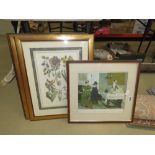 Three botanical prints, an engraving of the piano player, print of a village plus a Dutch interior