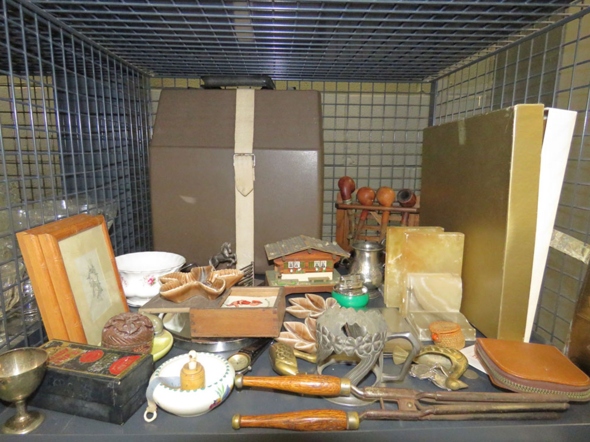 Cage containing pipes, Wade pottery, miniature pictures, card games, ornamental chalet, ornamental