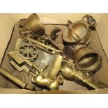 Box containing brassware inc. ornamental horse and cart, teapot, trivet, various pots