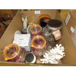 Box containing kilner jars, ornamental figure, ash trays, and teapot
