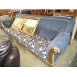 Blue and floral patterned 4 seater sofa with gilt painted supports