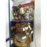 2 boxes containing loose silver plated cutlery, brassware incl. goblets and ornamental cart,