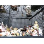 Cage containing crested ware, ornamental figures, beer stein, general china