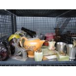 Cage containing onyx cigarette boxes and lighters plus wine glasses, decanter, ginger jar,