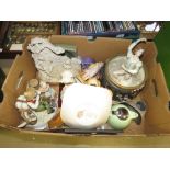 Box containing ornamental figures plus ornamental cottages, Toby jug, teapot and dishes
