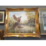 Oil on canvas; pheasants and woodland