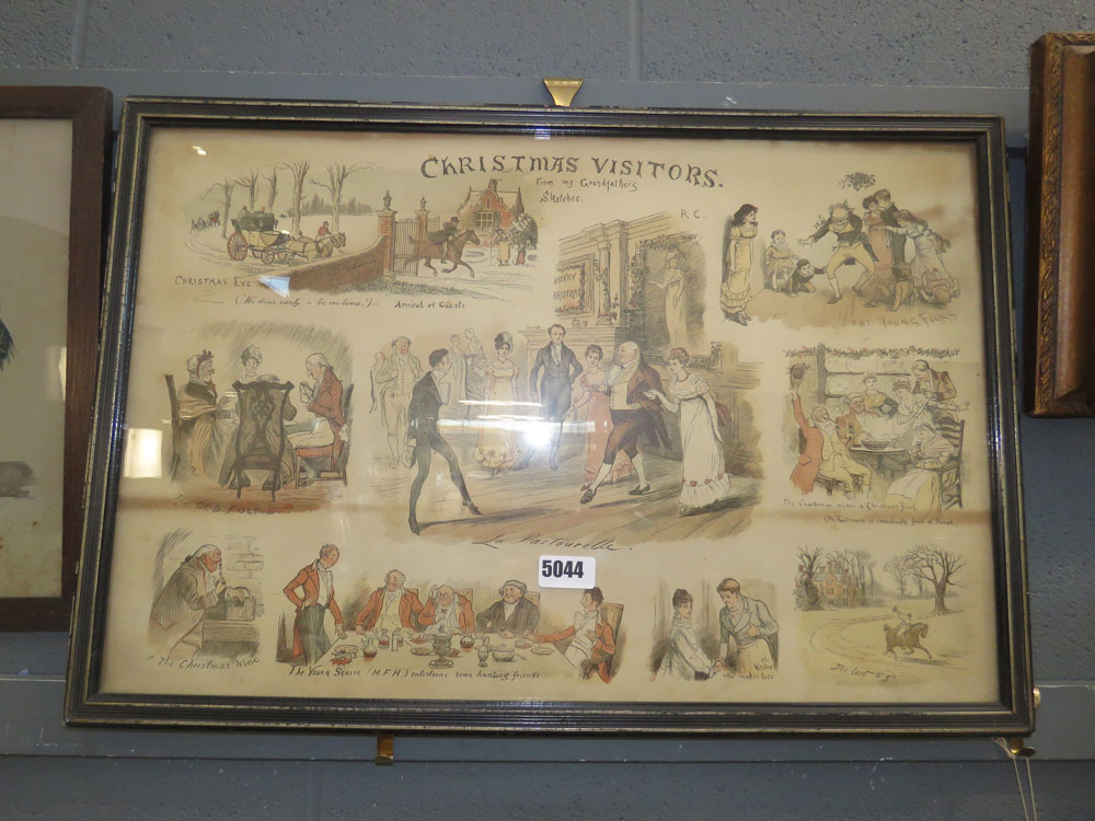 Framed and glazed coloured engraving entitled Christmas visitors