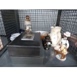 Cage containing jewellery boxes, ornamental figure, gin bottle and general crockery