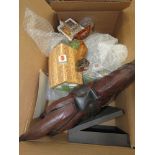 5198 Box containing pens, a lather clad horse, a teapot, biscuit barrels and Beswick figures