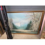 Oil on canvas; woodland lake and snowy mountains