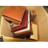 Box containing a cased cutlery set, money boxes, treen and a brush set