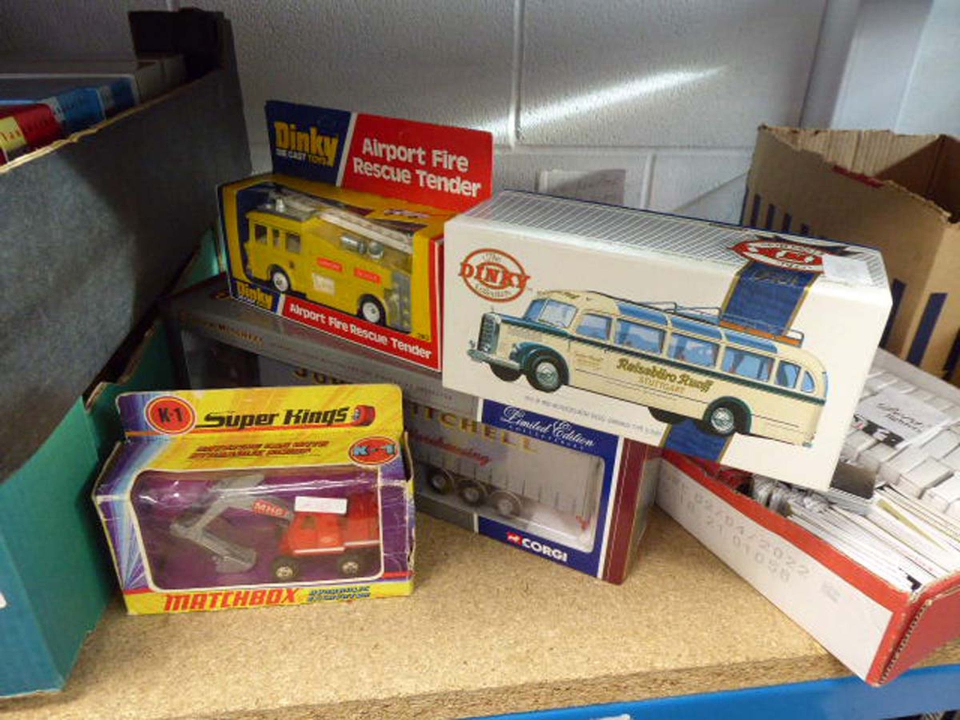 4 Dinky and Matchbox vehicles to inc. fire engines, diggers etc.