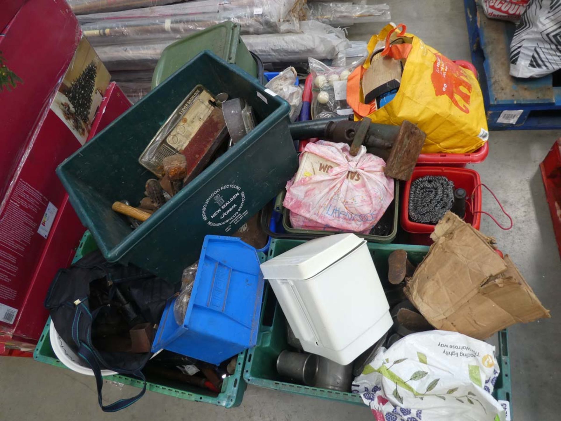 Pellet containing various items to include bottle jack, cobblers last, various metal goblets, cmping