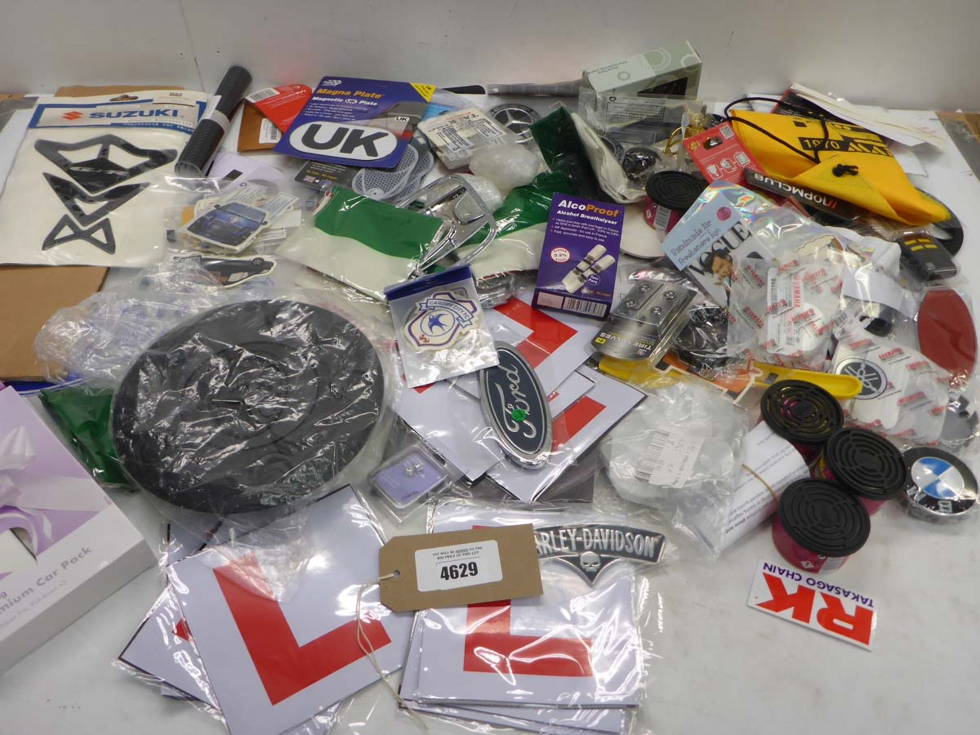 Vehicle wedding pack, air fresheners, Harley Davidson & other badges, L plates, Alcohol