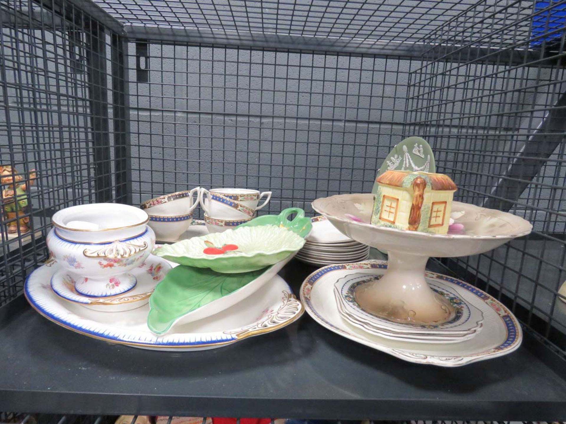 Cage containing floral patterned crockery plus Carlton ware, Jasper ware and cake dish