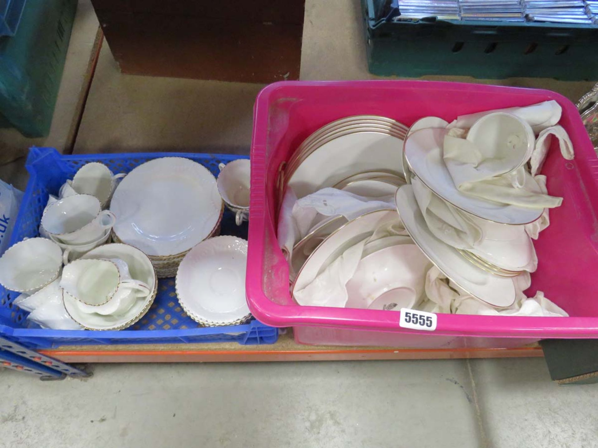 2 boxes containing a quantity of Royal Doulton Stafmore patterned crockery and Staffordshire gold