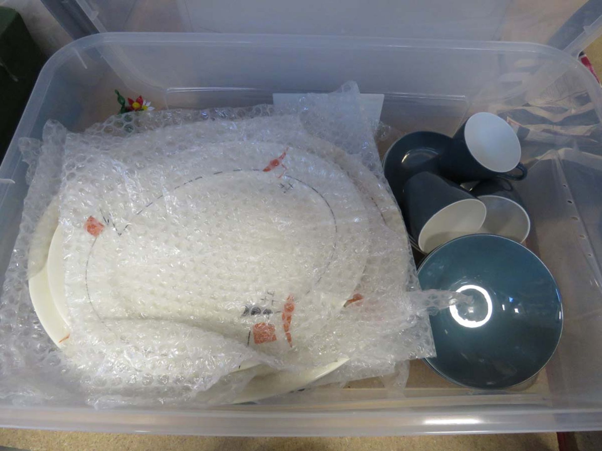 Box containing blue glazed Poole pottery plus a quantity of Wedgwood plates