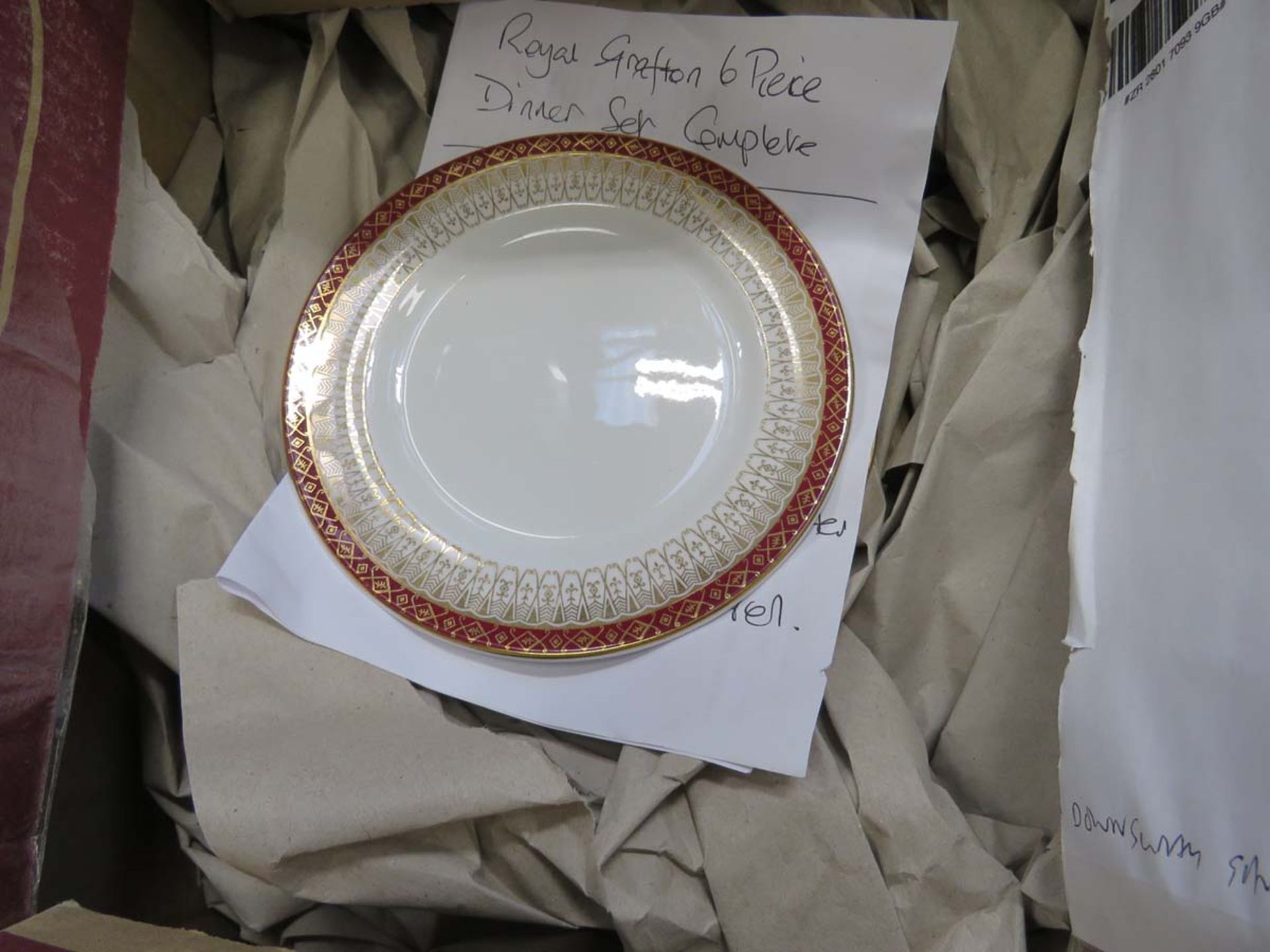 Box containing a quantity of Royal Grafton gold and maroon rimmed crockery