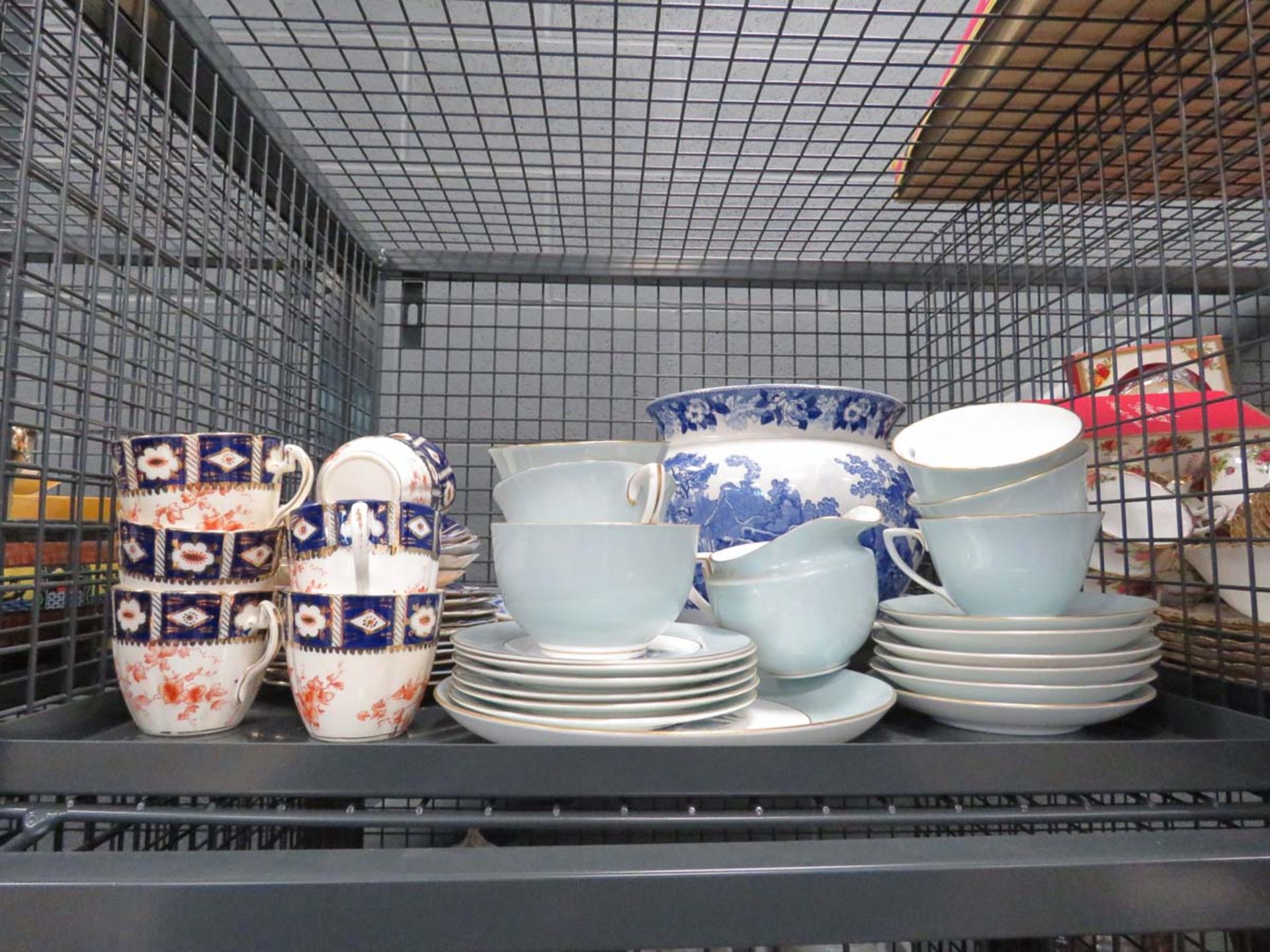 Cage containing blue and white pot, Jasper ware, Royal Worcester crockery and Edwardian china