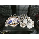 (1) Cage containing a large qty of crested ware and insect and floral pattern bowl