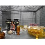 Cage containing a pair of lustre's plus amber glass, paperweights and dishes