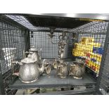 Cage containing silver plate to inc. candlesticks, teapots and mugs