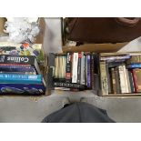 3 boxes containing poetry books, Penguin novels, dictionaries, and an Atlas