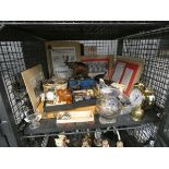 Cage containing ornamental elephants, wristwatch, costume jewellery, alarm clock, Bedford Town