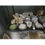 (3) Cage containing coffee mugs, ornate dishes and a teapot
