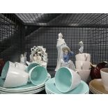 Cage containing Poole cups, saucers and plates plus Nao and other ornamental figures