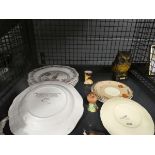 Cage containing ornamental bird and animal figures plus general crockery