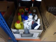 Large box of various cleaning detergent