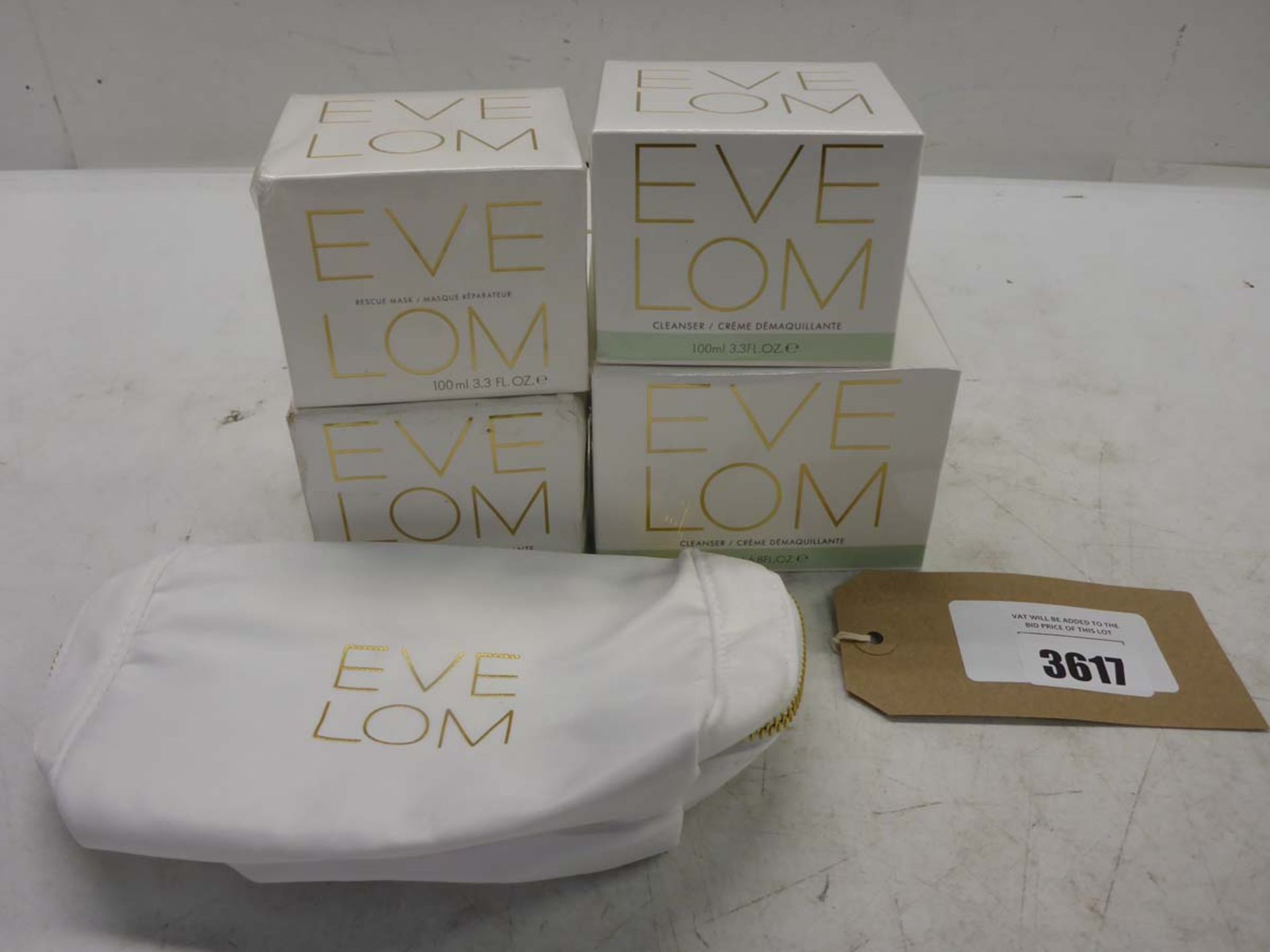 Eve Lom 200ml Cleanser, 2 x Eve Lom 100ml cleanser, Eve Lom 100ml rescue mask and makeup bag