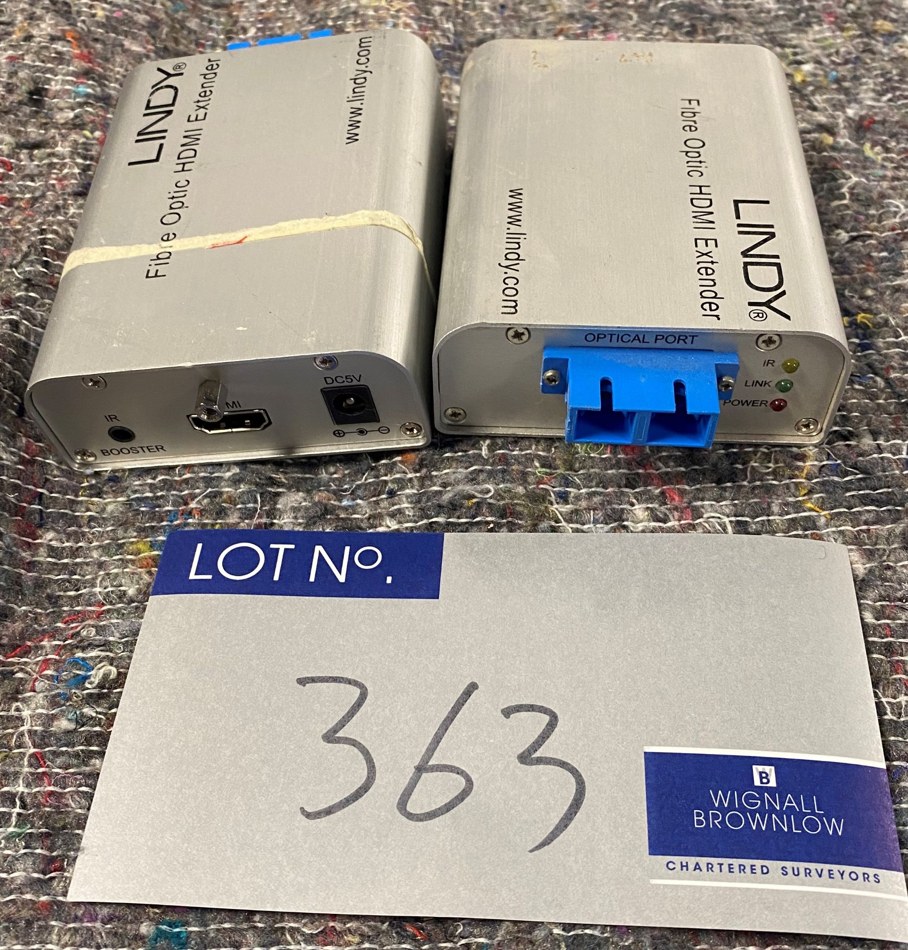 A Pair of Lindy Fibre Optic HDMI Extenders TX/RX, est.300m (previously in use).