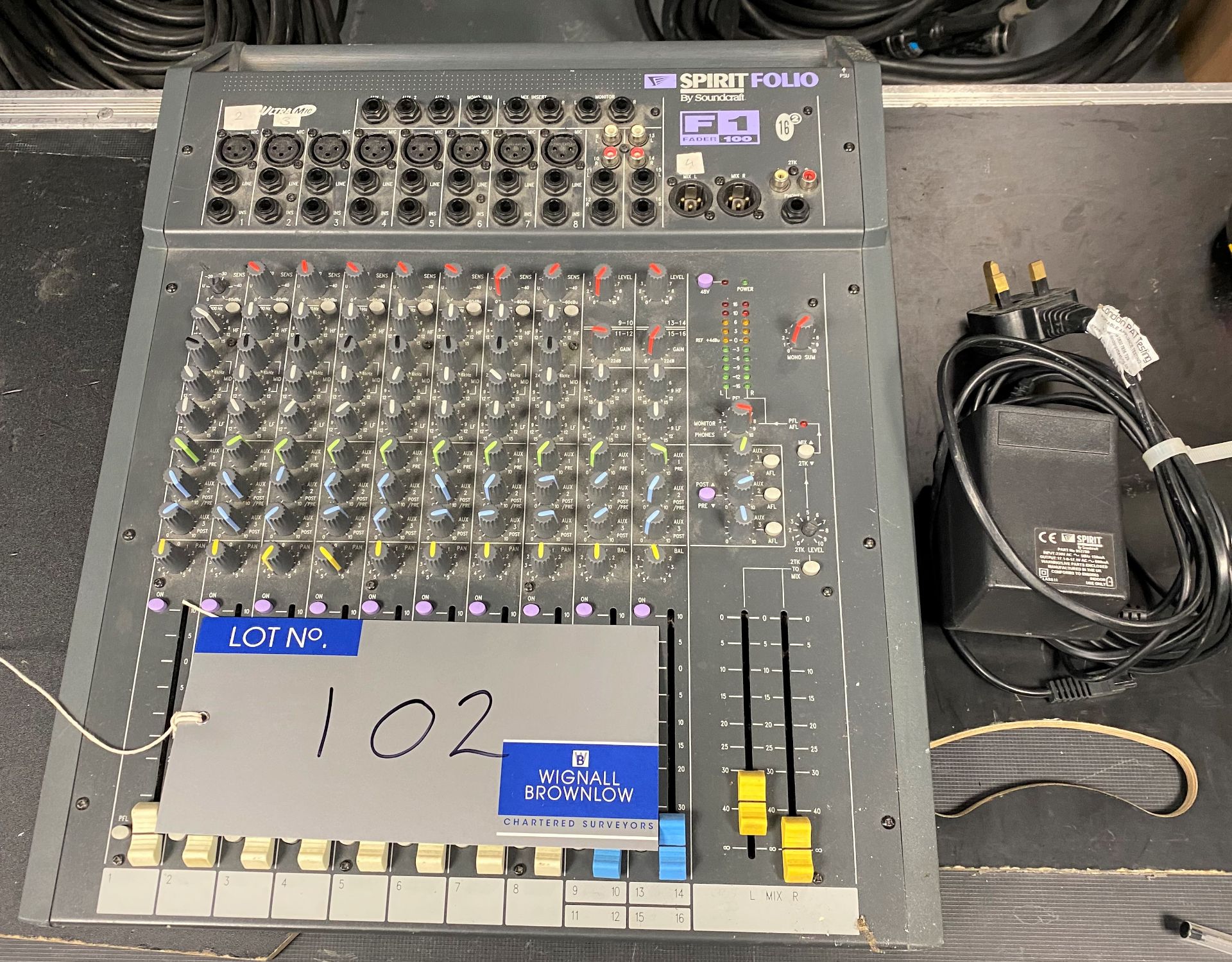 A Soundcraft Spirit Folio F1 Fader 100 Fader with Power Supply (powers up).