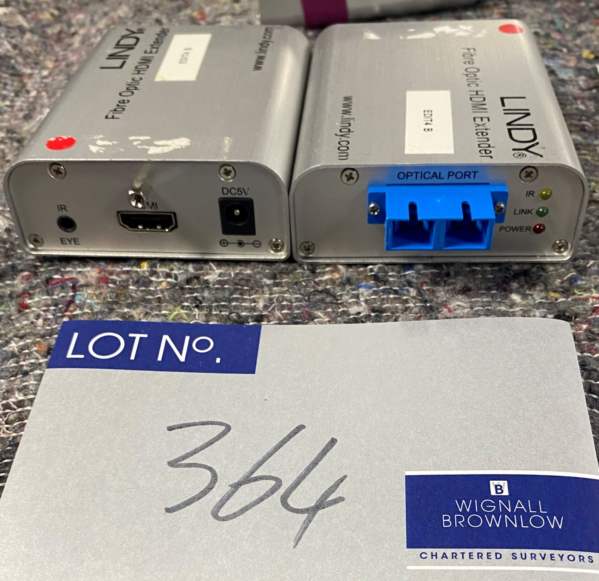 A Pair of Lindy Fibre Optic HDMI Extenders TX/RX, est.300m (previously in use).