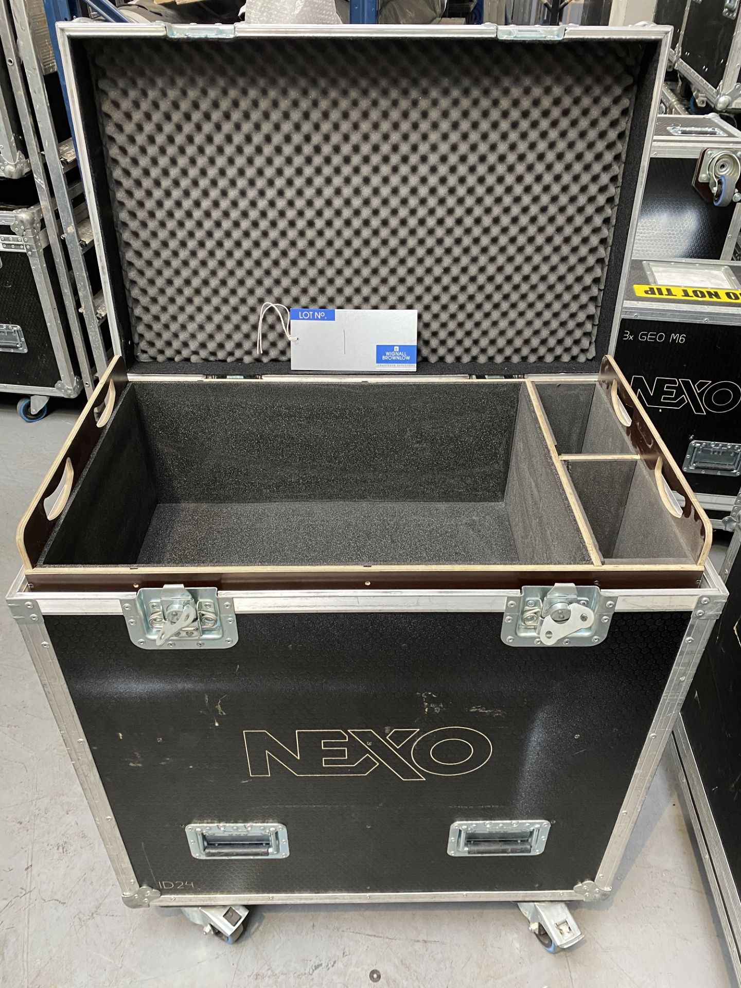 A Pair of NEXO ID24 Speakers in white fitted with pole mount and mobile flight case (in working - Image 4 of 4