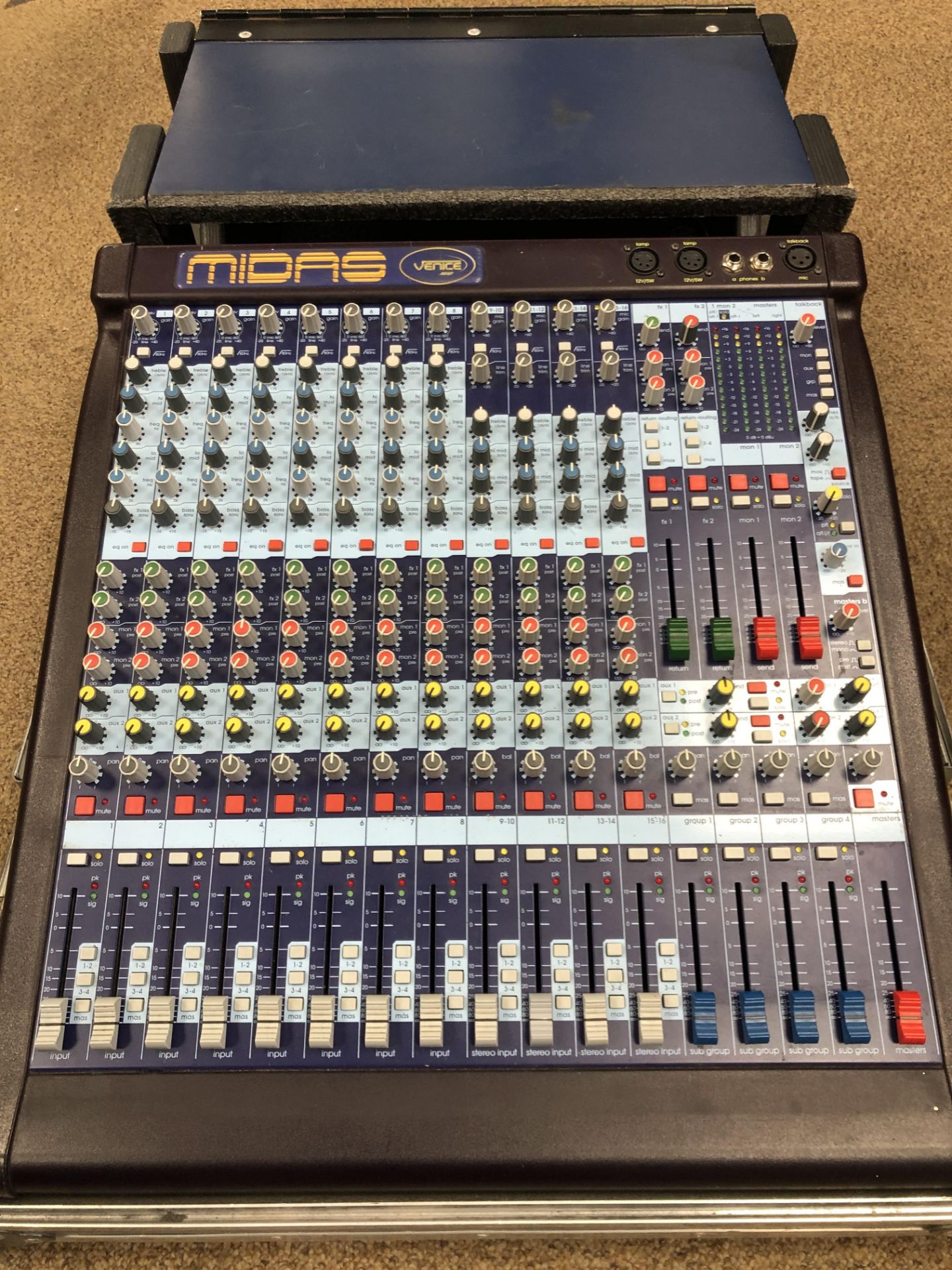 A Midas Venice 160 16 channel Mixing Console with flight case and cover (lid of flightcase is