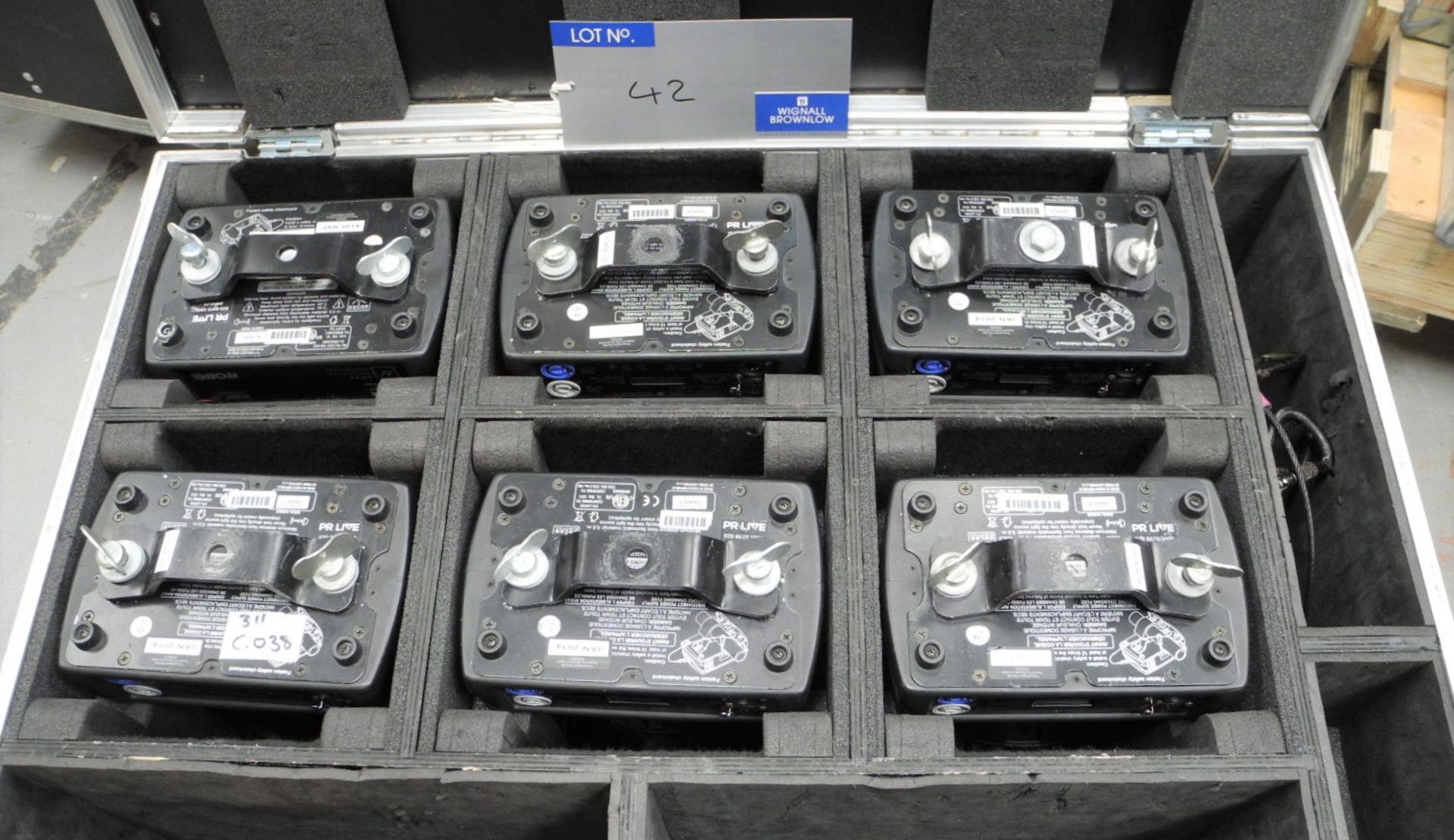 6 Robe Robin 100 LEDBeam Moving Head Beam Light in wheeled flight case with hanging clamp mount - Image 2 of 3