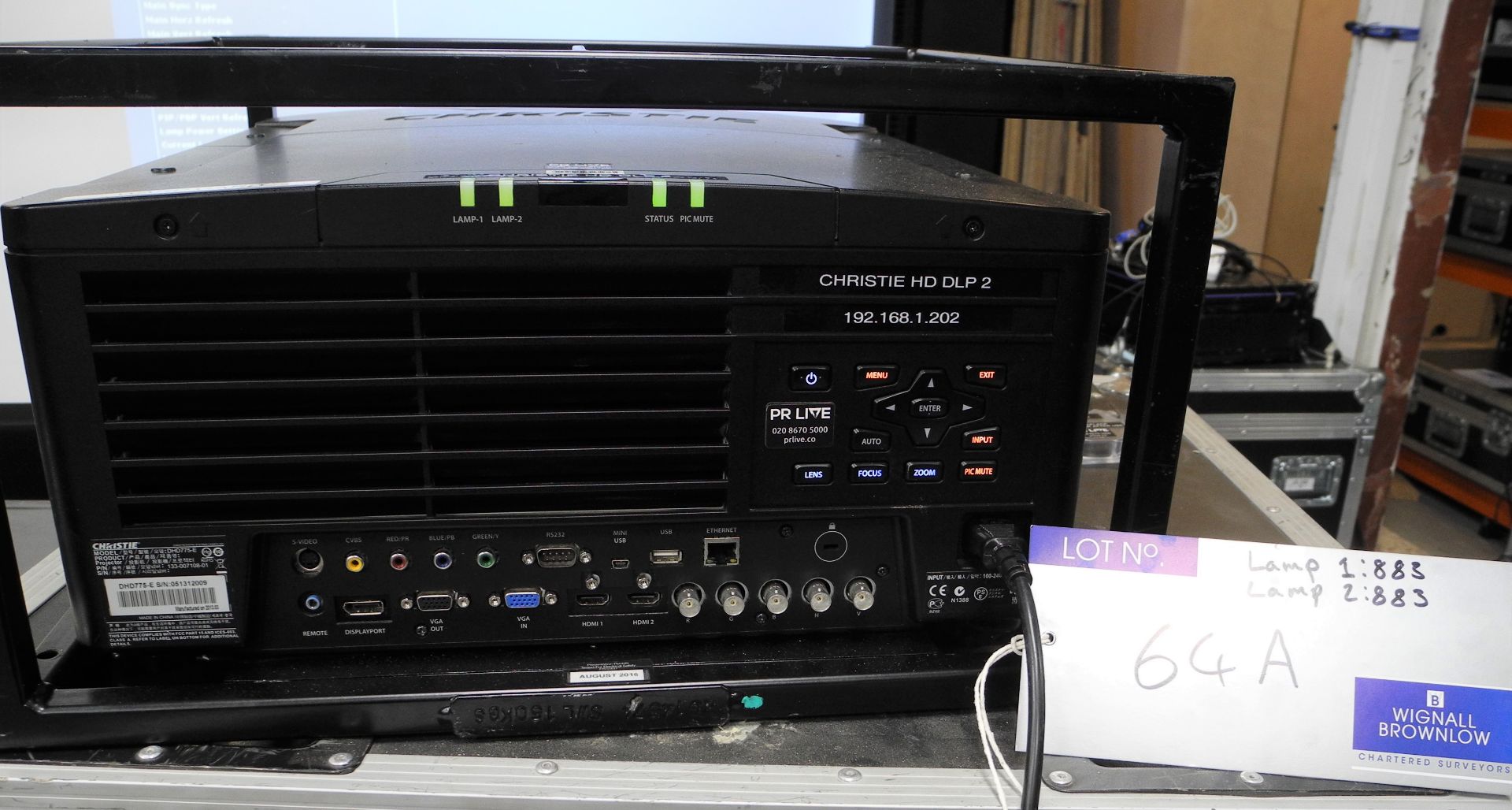 A Christie DHD775-E 7k HD DLP Projector with flying frame, 4 x spare lamp, warp cards installed, - Image 2 of 6
