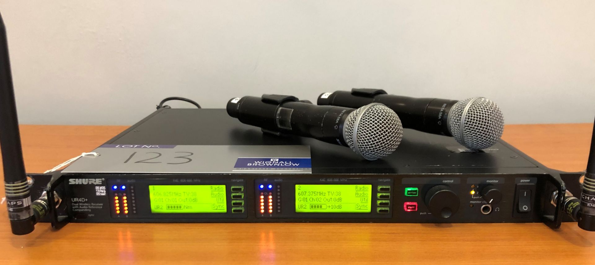 A Shure UR4D+ Dual Wireless Receiver with Audio Reference Companding in K4E, 606-666MHz with 2-UR2