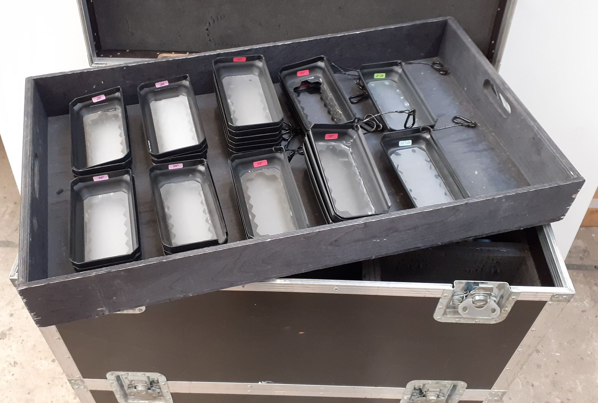 A Lot of iPix Satellite RGB LED Fixtures with bespoke split level flightcase and lenses to include - Image 6 of 8