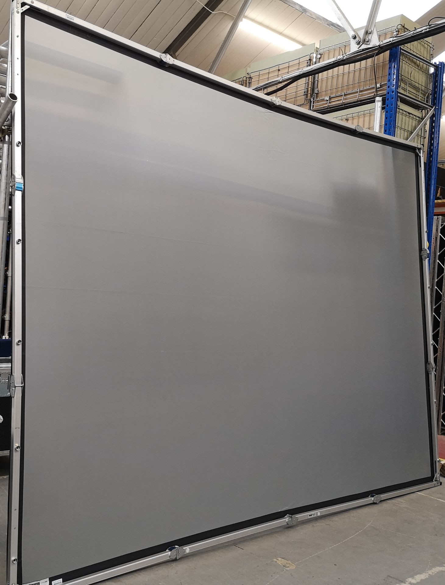 A DA-LITE 12ft x 9ft Rear Projection Fastfold Screen with frame, legs, bolts, screen surface, bag