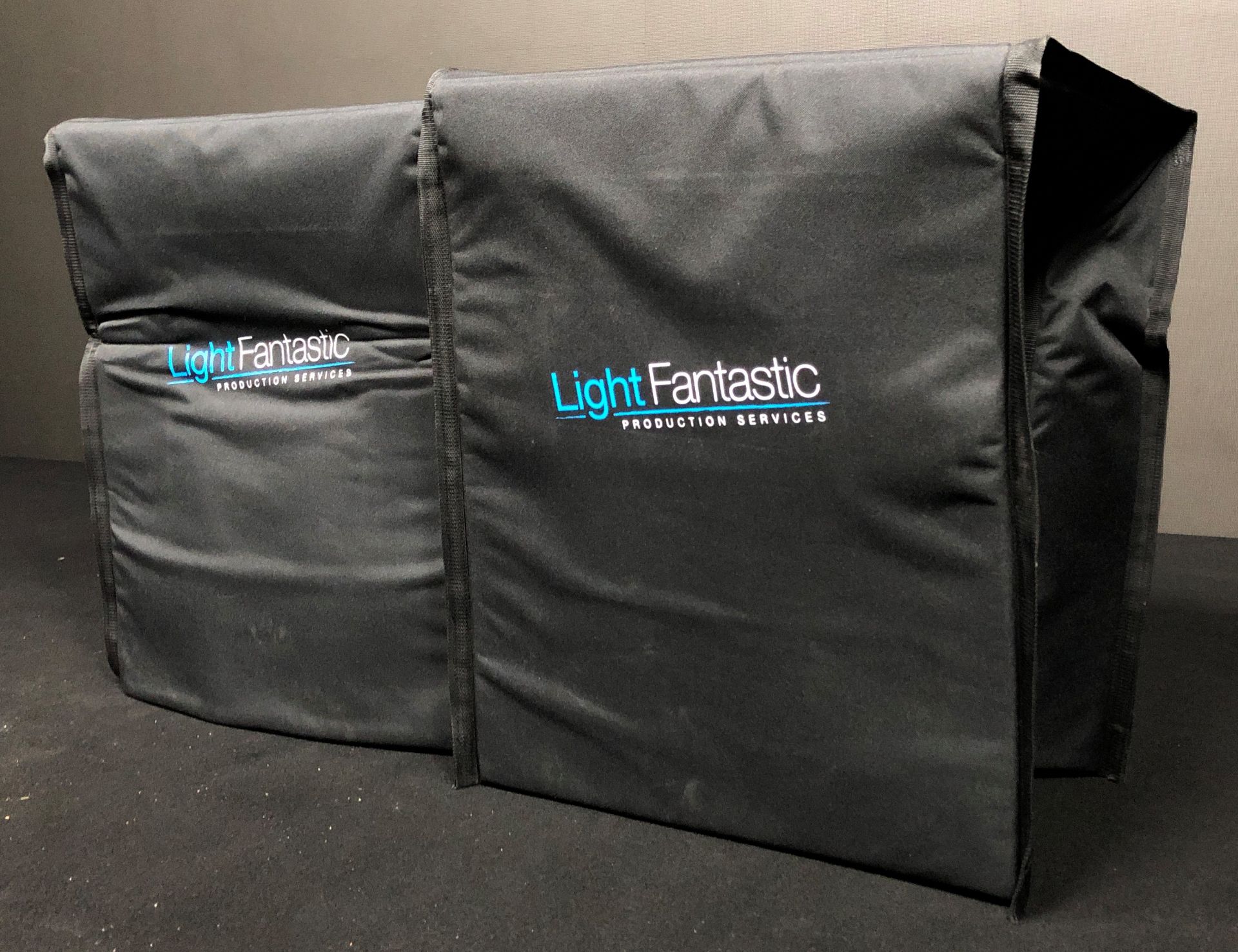 2 x Padded Transit Bags for D+B Q-Sub, branded 'Light Fantastic Production Services', 560mm x