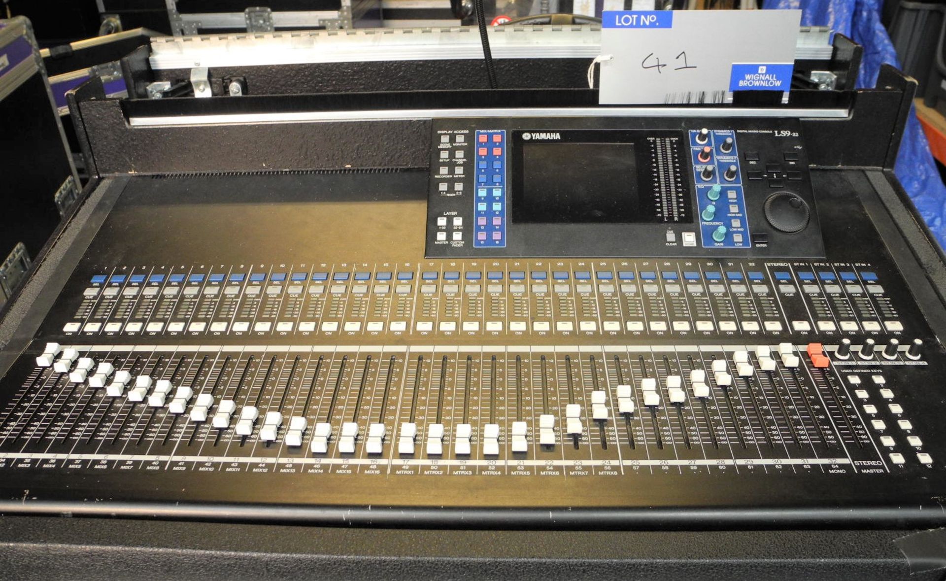 A Yamaha LS9-32 Digital Sound Mixer in wheeled flight case with optional MY16-ES64 Network Card,