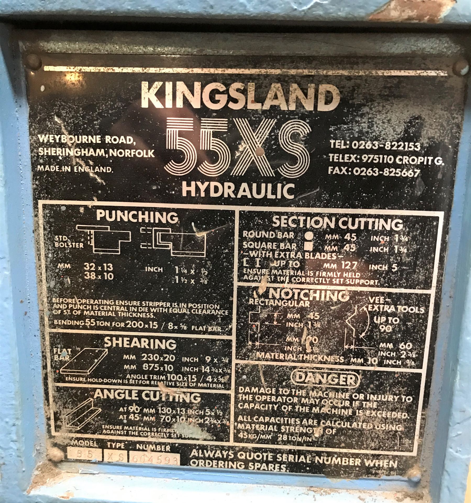 A Kingsland 55XS Hydraulic Steelworker No.604593, 3 phase with 2 treadle controls and welded steel - Image 5 of 5