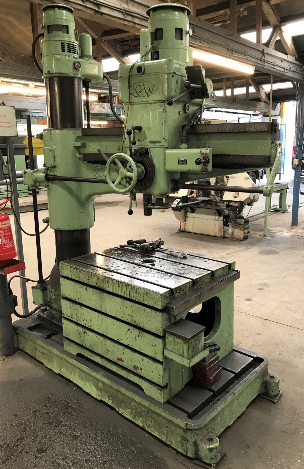 A Kitchen and Wade 48in Radial Arm Drill No.8967, 3 phase with Cast Iron Slotted Box Table, 36in w x