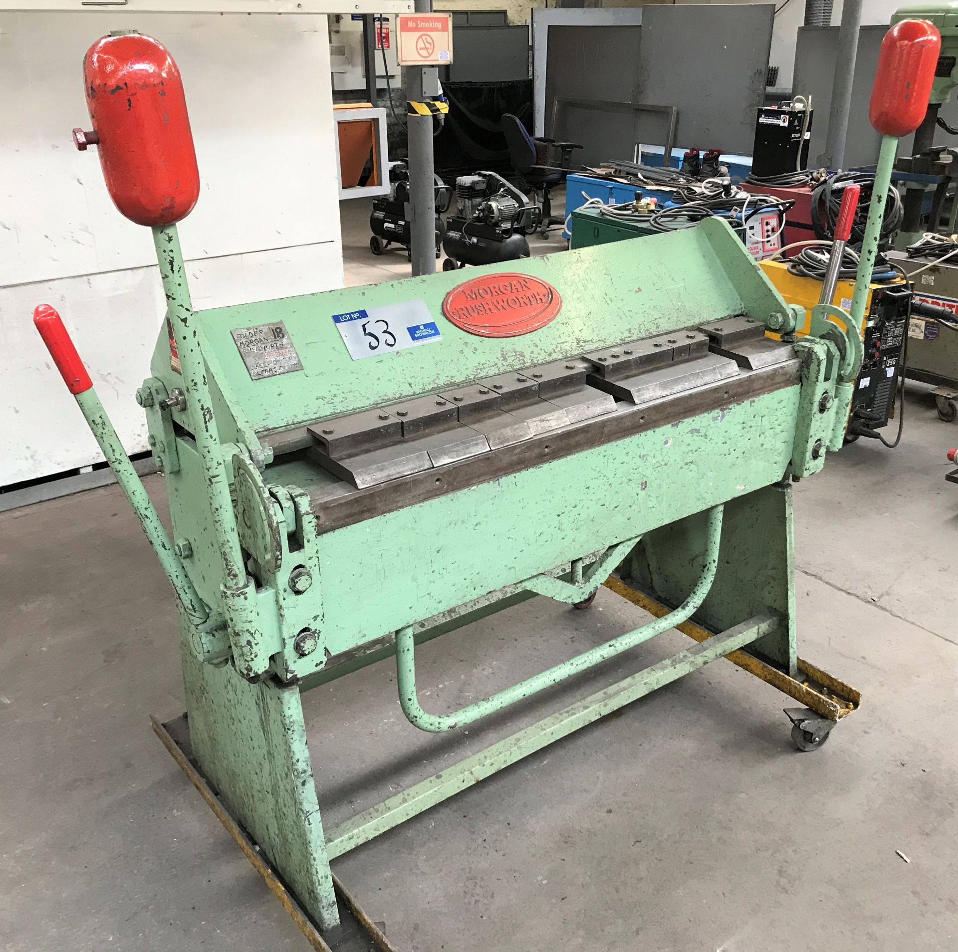 A Morgan Rushworth BP50-16 Manual Box and Pan Folding Press No.3745289 389, 1-6mm capacity on mobile