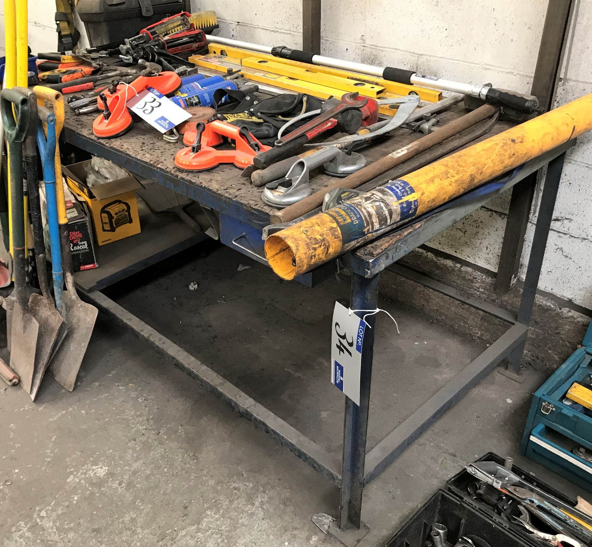 A Steel Framed Timber Top Work Bench, 72in x 36in x 34in h.