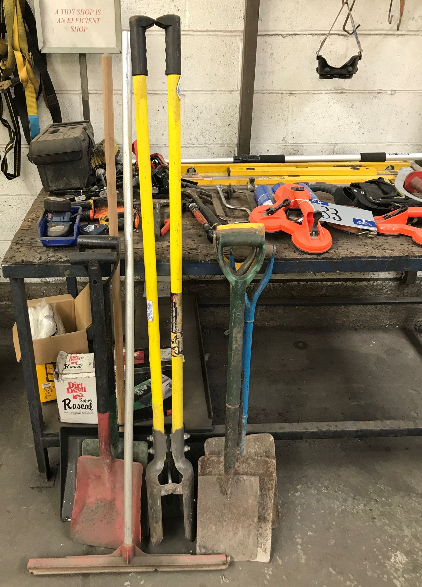 Assorted Tools and Equipment including Shovels, Drain Clearing Set, Glass Clamps, Spirit Levels, - Image 2 of 5